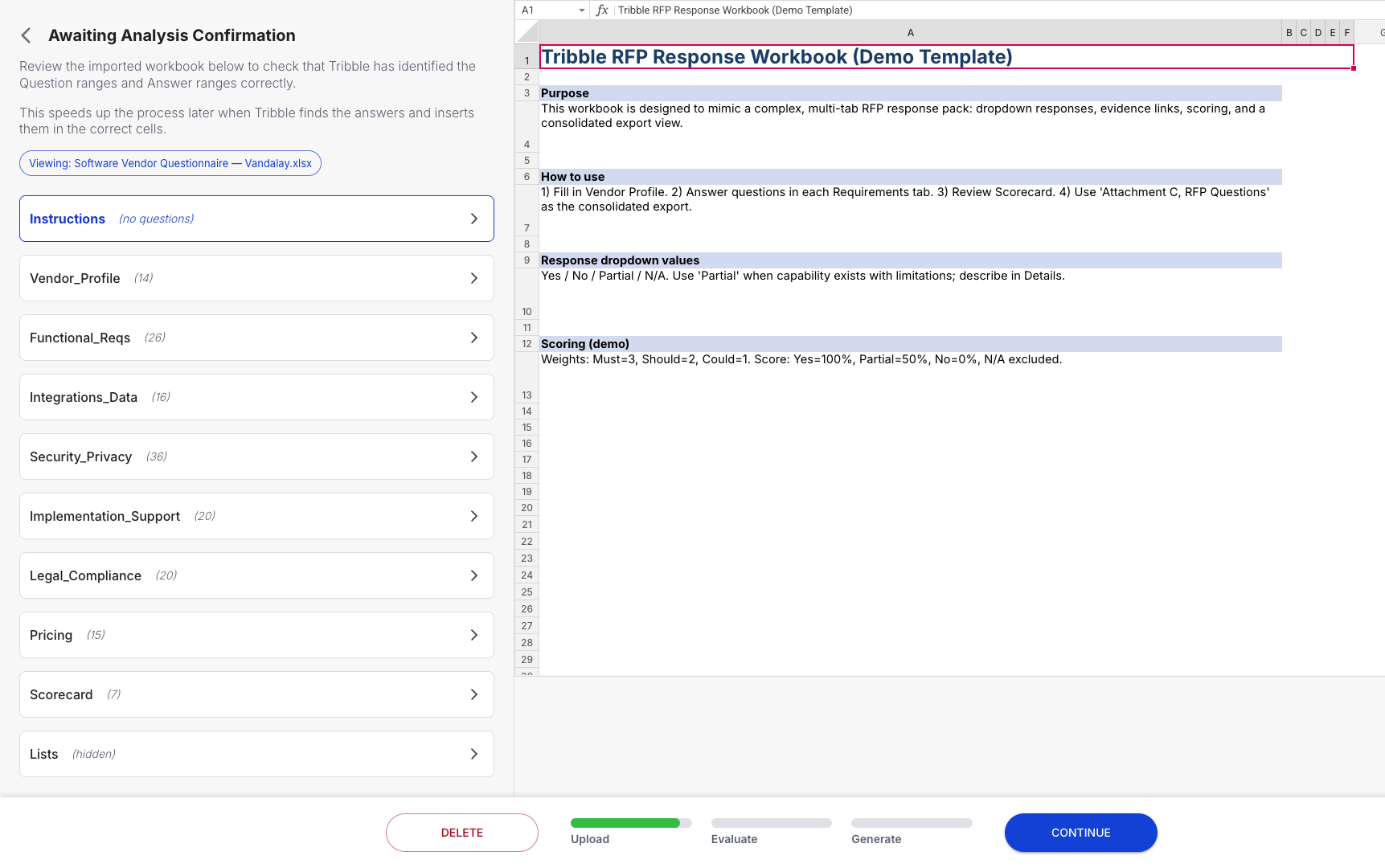 Tribble Respond — Spreadsheet View, Q&A View, Export Options